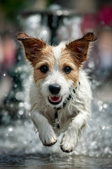 Happy dog ​​is running in the water