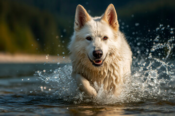 Happy dog ​​is running in the water