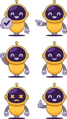 Cute robot character set with various poses and emotions for chatbot assistant mascot design featuring friendly yellow android showing thumbs up holding check mark and pointing for ui website