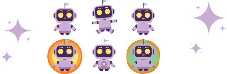 Cute purple robot characters collection with different facial expressions and poses for artificial intelligence technology mascot design on vibrant orange background with glowing stars and icons