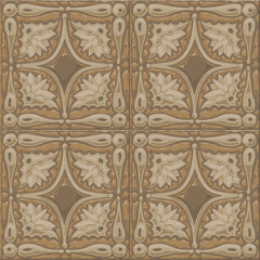 Embossing square tile pattern, floral talavera ceramic mosaic. Mediterranean ornament. Glazed relief brown tile. Vector ethnic background