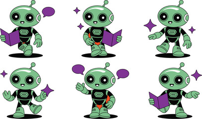 Cute robot character set with green cyborg mascot reading books and waving in various poses for educational technology startup branding and artificial intelligence learning software illustrations
