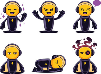 Cute robot mascot character set with different emotions and poses wearing headphones for music podcast and technology branding projects including happy angry tired and broken electronic cyborgs