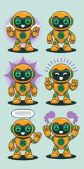 Cute orange robot character set with different expressions and poses for artificial intelligence technology and friendly automation mascot design in modern flat vector style for tech marketing