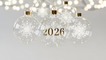 Clear Christmas ornaments with snowflakes and the year 2026 festive holiday decoration soft bokeh lights background