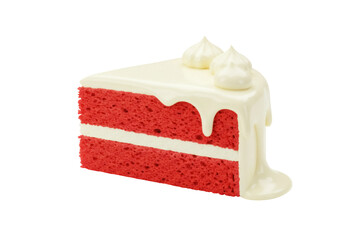 Red velvet cake slice isolated PNG, delicious dessert with cream cheese frosting on transparent background for bakery and cafe menus