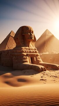 Ancient stone monument & pyramids bask in radiant sunlight across a sandy desert