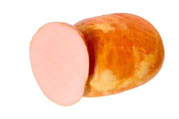 A piece of thick round sausage on a white background. Meat sausage isolated