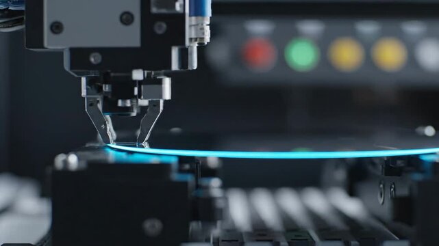 Robotic Arm Holding Silicon Wafer with Cyan Rim Light in Clean Room