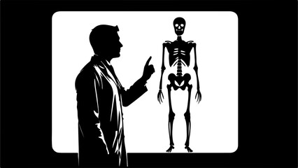Doctor explaining anatomy to skeleton with transparent background