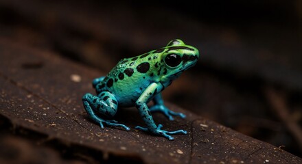Obraz premium Vibrant green and black poison dart frog sitting on leaf. Macro close-up of exotic tropical amphibian in its natural rainforest habitat