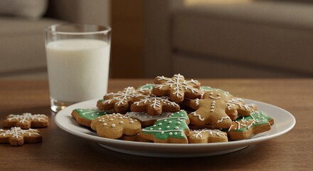 Plate of decorated Christmas gingerbread cookies with glass of milk. Festive holiday treats for Santa Claus on wooden table. Winter tradition concept