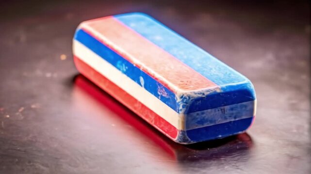 Close up of a colorful eraser on a dark surface detail macro shot
