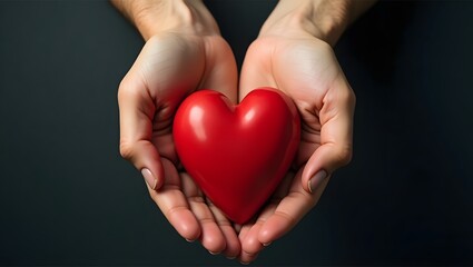 Obraz premium Hands holding red heart concept of love care and charity. Support, healthcare, organ donation, mercy, volunteering help on dark background, kindness and life symbol.