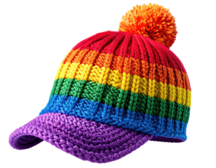 Knitted hat with visor, rainbow colors, and an orange pom-pom