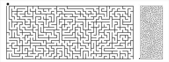 Obraz premium Complex Rectangular Maze Puzzle with Solution, Black and White Vector Labyrinth
