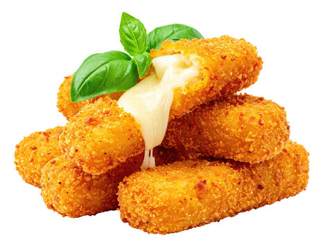 Golden, crispy, fried cheese sticks with melted cheese and fresh basil