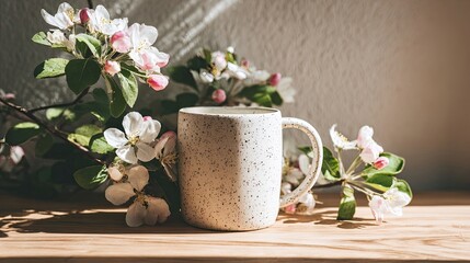 Spring Floral Arrangement With Spotted Mug On Wooden Table
