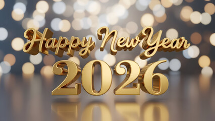 Happy new year 2026 celebration with golden text and bokeh lights