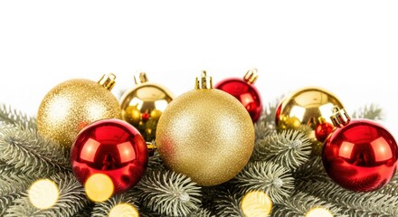 Red And Gold Christmas Ornaments Glittering On Pine Branches On A White Background