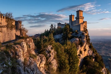 Obraz premium Guaita Fortress on Mount Titano, San Marino, at sunset with a beautiful sky and landscape.