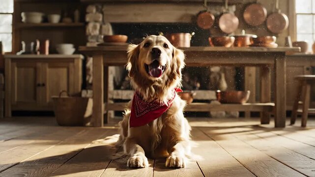 Joyful Golden Retriever Dog Wearing a Red Bandana Relaxing on a Wooden Floor in a Rustic Kitchen