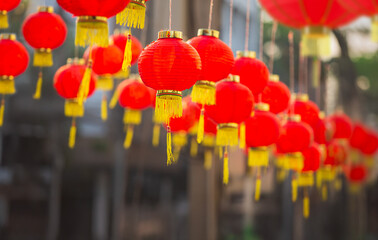 Red lantern decorated during lunar new year celebration in old chinatown street.
