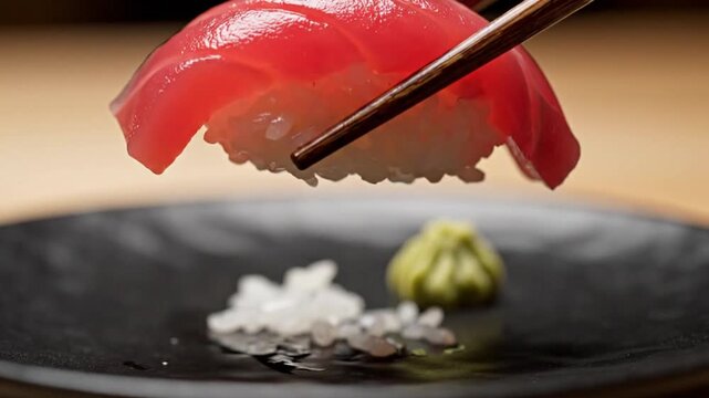 Sushi being delicately placed on a black plate with chopsticks