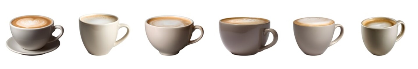 Set of assorted latte cups side view, isolated on transparent background