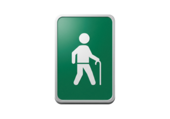 Green sign with elderly person using a cane PNG isolated on transparent background, accessibility icon for seniors and disabled