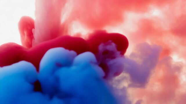 Vibrant abstract background featuring mesmerizing plumes of red and blue ink dissolving in clear water creating dynamic cloud shapes