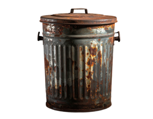 Rusty, aged metal waste bin, with lid, and handle on a black background