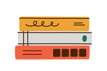 Flat cartoon vector illustration of stack of three books, cozy cute style, reading and hobby theme, calm self care mood for library, home atmosphere for lifestyle, leisure and creative design projects