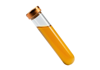 Test tube with golden liquid isolated PNG, laboratory glassware with yellow fluid for scientific experiments and medical research
