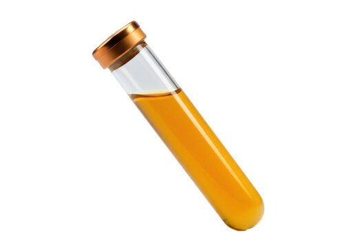 Test tube with golden liquid isolated PNG, laboratory glassware with yellow fluid for scientific experiments and medical research