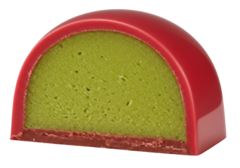 Red and green hemisphere chocolate candy isolated PNG, gourmet dessert with colorful shell on transparent background