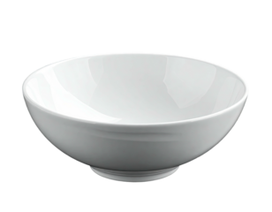 A white, empty, ceramic bowl with a subtle rim and a wide base