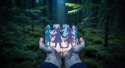 Hands Holding Paper Chain People In A Dark Mystical Forest