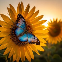 A vibrant butterfly with blue wings rests on a bright yellow sunflower, bathed in the warm glow of a setting sun. Another sunflower is in the background