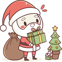 Santa Holding Presents Next to Tree and Sack