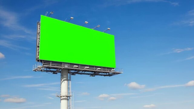 Large empty green screen billboard structure elevated against a bright blue sky ready for outdoor advertising mockups and promotion