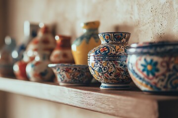 A collection of colorful ceramic vases and bowls displayed on a wooden shelf against a textured wall.