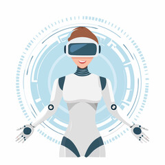 Smiling Female Robot with VR Headset and Futuristic Design.