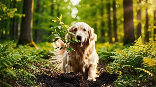 A helpful golden retriever dog planting a small tree sapling in a lush, sun-drenched forest, symbolizing environmental conservation and a green future