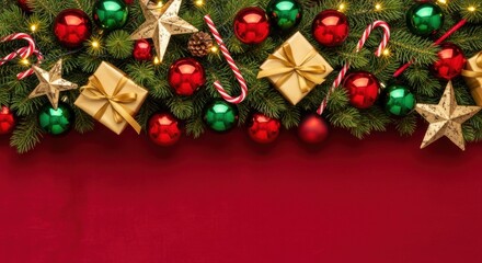 Christmas Garland Border With Ornaments Gifts And Lights On Red Background