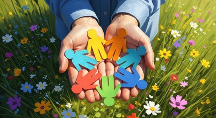 Hands Holding Colorful Paper People Figures Above A Vibrant Wildflower Meadow