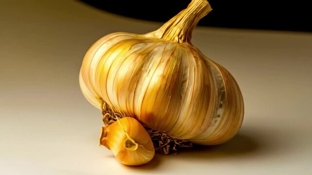 Close up of a garlic bulb and clove on a neutral background