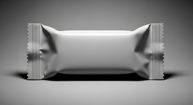 A white candy bar wrapper is displayed on a gray surface in studio shot