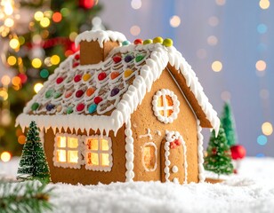 Gingerbread house with colorful candy roof, snowy scene, and blurred lights