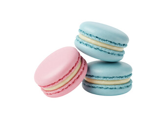 Stack of pastel macarons isolated PNG, light blue and pink almond meringue cookies on transparent background, sweet dessert for patisserie